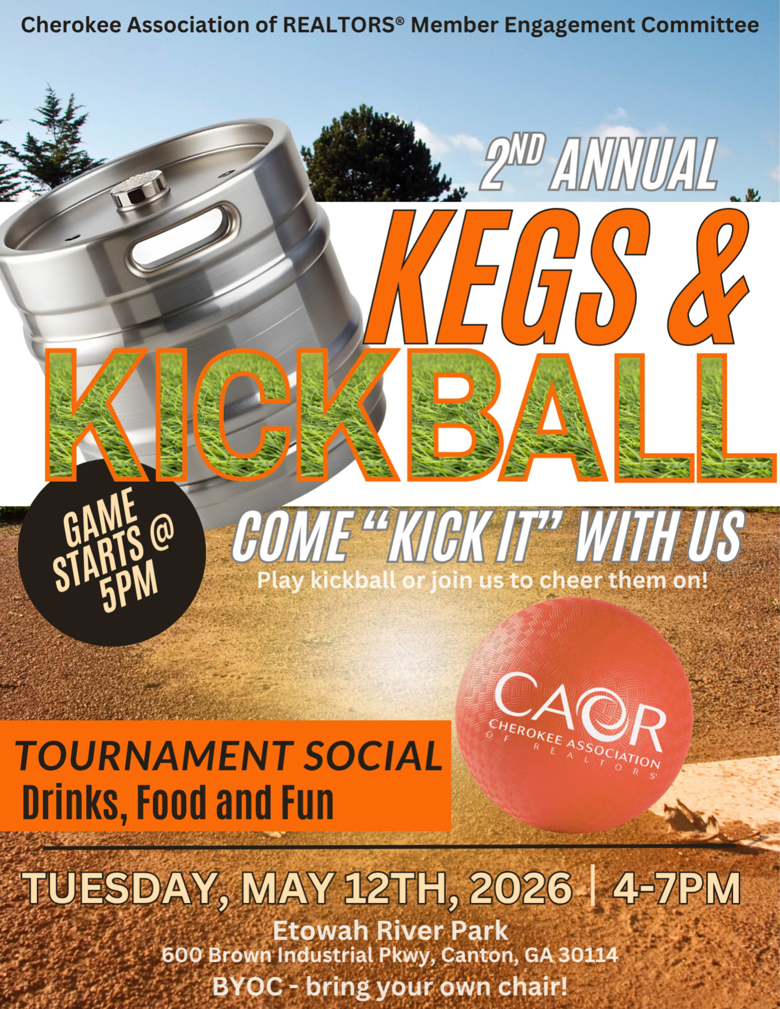 sports field with rolling kickball and a keg